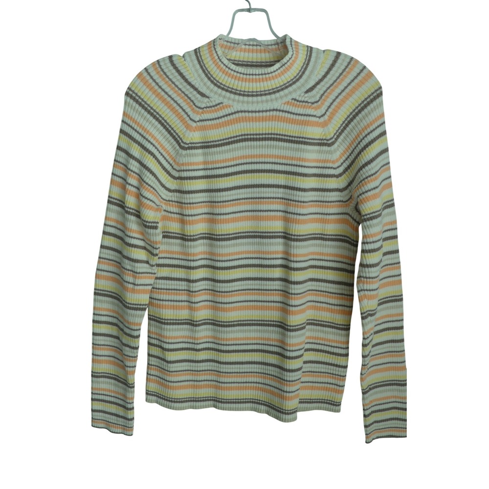 Studio Works Womens XL Striped Ribbed Knit Mock Neck Sweater Earthy Fall Y2K